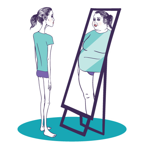 افراد مبتلا به اختلال بی اشتهایی عصبی تصویر تحریف شده ای از خود دارند. آنها حتی هنگامی که به شدت لاغر هستند فکر می‌کنند که چاق هستند.